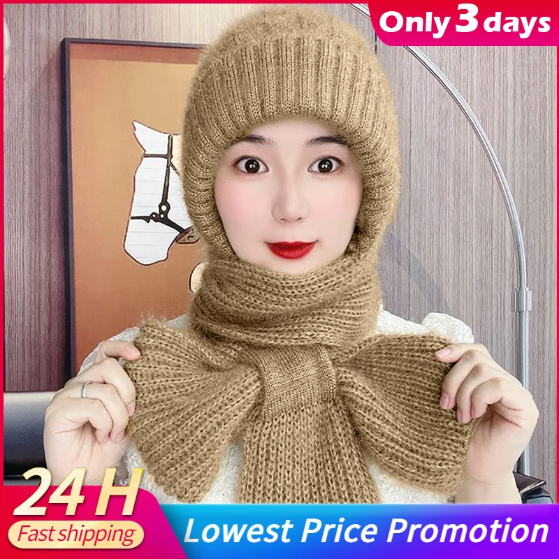 

Winter Knitted Skullies Hat Scarf Set Cold Proof Ear Protection Scarf Warm Girls Beanies Cycling Windproof Ladies Outdoor Caps