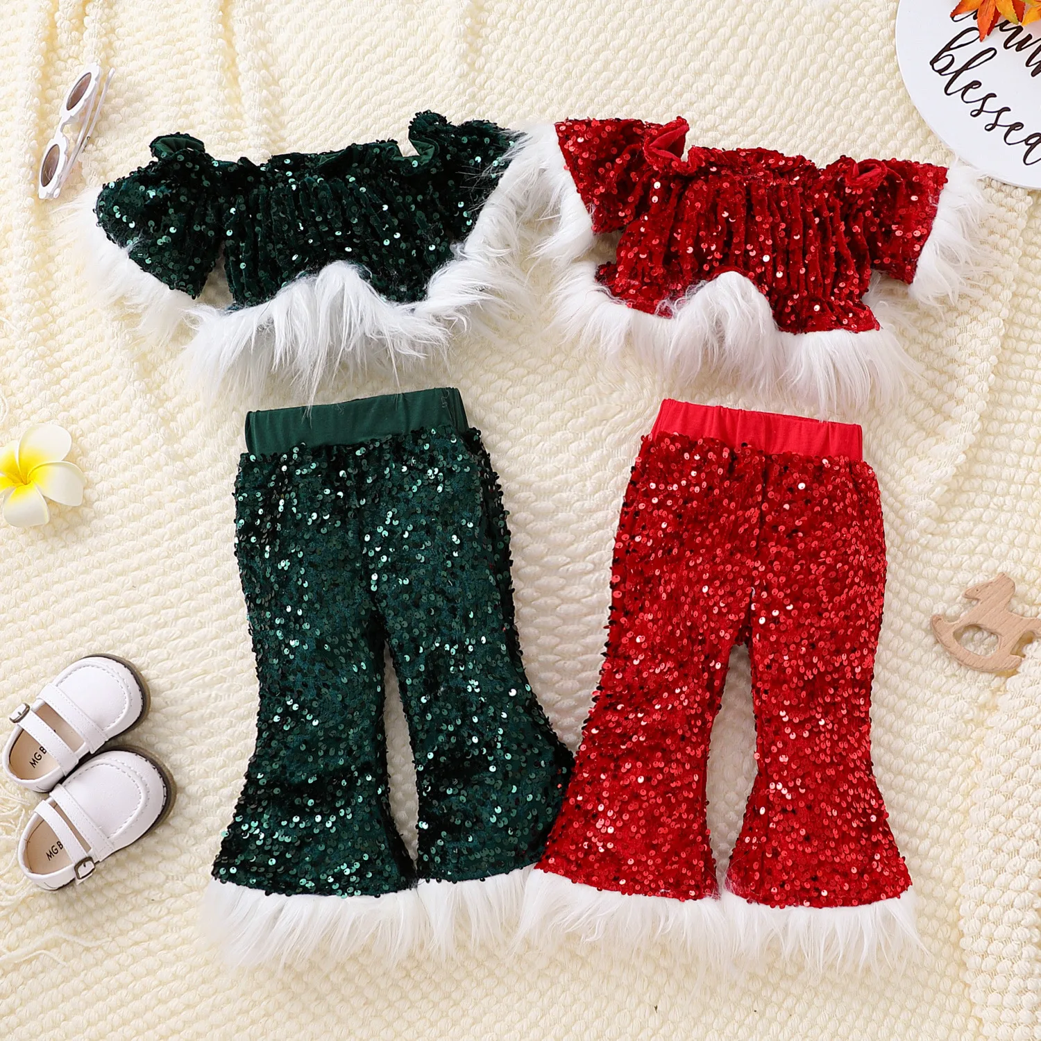 

Two Piece Set Baby Girls Strapless Shirt and Long Pants Toddler Kids Clothes Festival Christmas Sequins Glitter Fur 2 To 8 Years