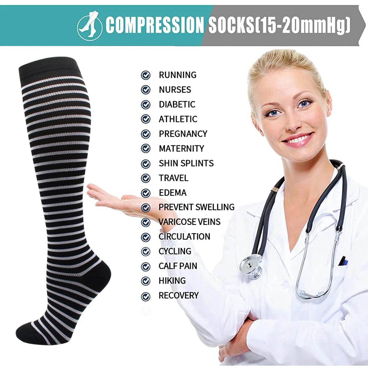 Black Color Unisex Compression Stockings Cycling Socks Men Fit Medical Edema Diabetes Varicose Veins Running Marathon Socks Men