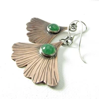vintage simple metal hand carved pattern plant leaf earring jewelry classic scalloped inlaid green crystal dangle earrings