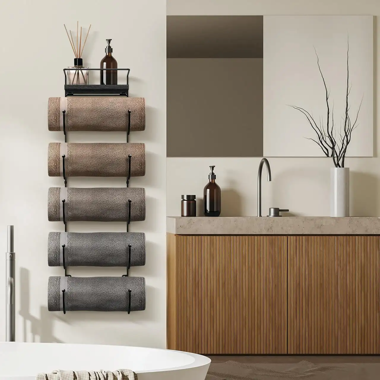 

Вешалка для полотенец для ванной комнаты-настенный металлический органайзер с деревянной верхней полкой и 5 ярусов-Вмещает полноразмерные Банные полотенца