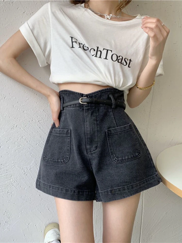 Deeptown Vintage Streetwear Blue Jean Shorts Women Korean Fashion High Waist Denim Short Pants Baggy Straight Wide Leg Trousers