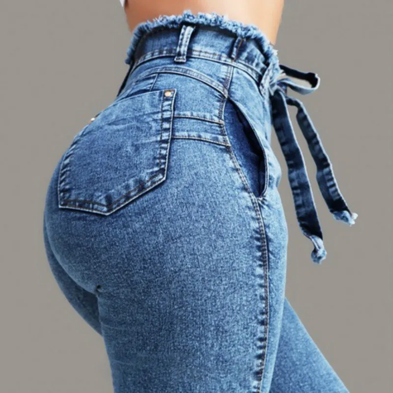 

High Waist Jeans For Women Slim Stretch Denim Jean Bodycon Tassel Belt Bandage Skinny Push Up Jeans Woman 4XL 5XL