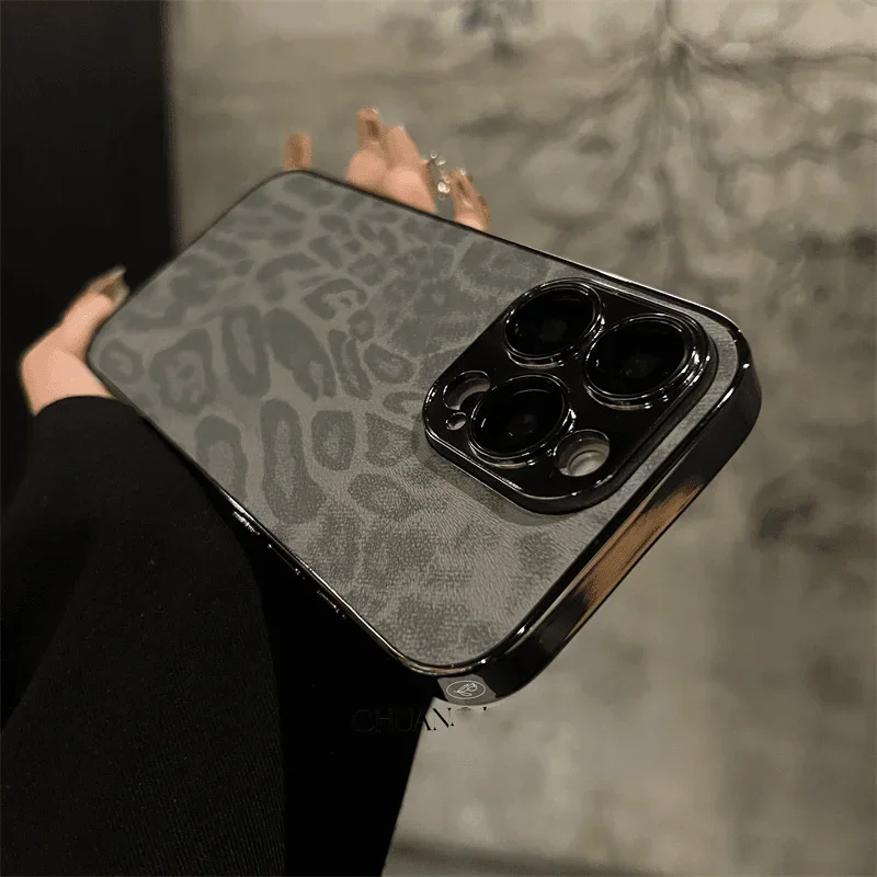 Шкіряний чохол Luxury Plating Leopard Texture для iPhone 17 16 15 14 Plus 13 12 11 Pro Max Захист об’єктива протиударний чохол Capa