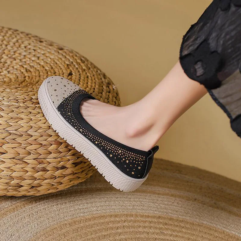 Womens Stretch Knitted Rhinestone Breathable Flat Platform Casual Fisherman's Shoes Slip-on Fashion Ladies Flats Driving Loafers