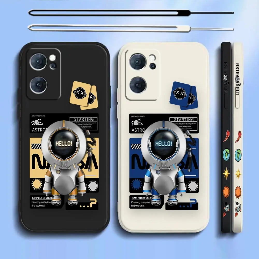 

Space Voyage Astronaut Fashion Case For OPPO Reno 4 4SE 4Z 4F 3 2 2F 2Z ACE Z Pro Lite 4G 5G Liquid Silicone Rope Cover Funda