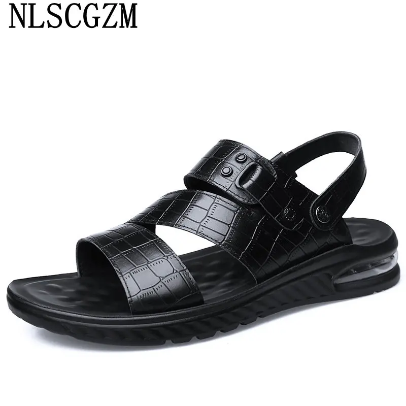 

Сандалии мужские кожаные, пляжная обувь, дизайнерские шлепанцы, черные, летние кроксы