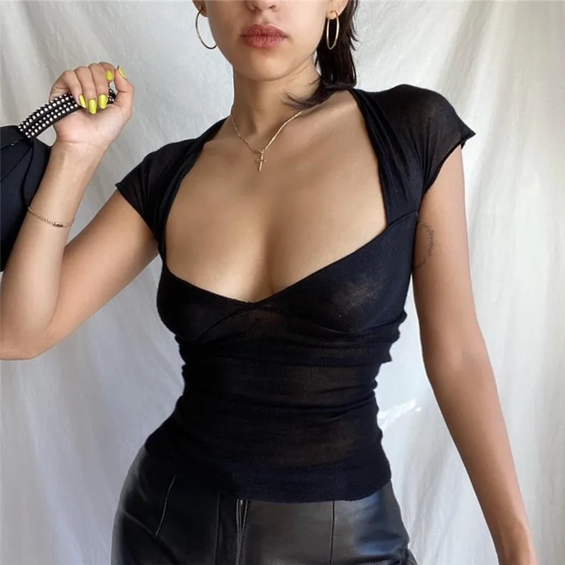 Женская летняя облегающая футболка с коротким рукавом и квадратным вырезом