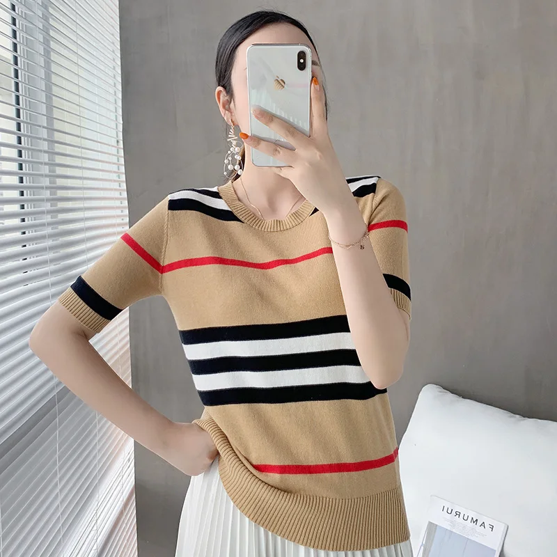 

New knitted striped short-sleeve t-shirt women loose wild round neck cotton and linen knitted half sleeves Wool sweater top hot