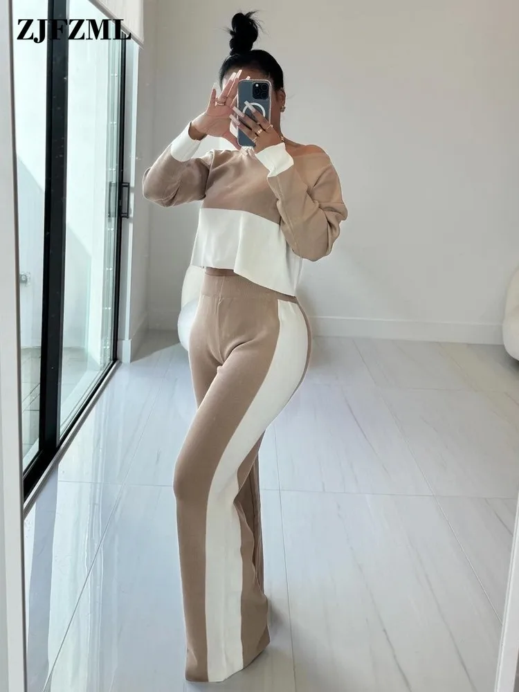 

Женский комплект из двух предметов, короткий топ с длинным рукавом и прямые брюки в стиле пэчворк контрастных цветов