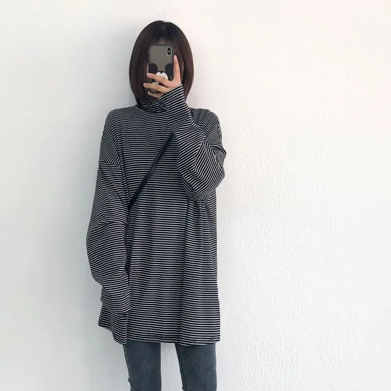 

Винтажная футболка в полоску с высоким воротником, топы, осенне-зимние новые свободные универсальные пуловеры с длинным рукавом, Повседневная модная женская одежда