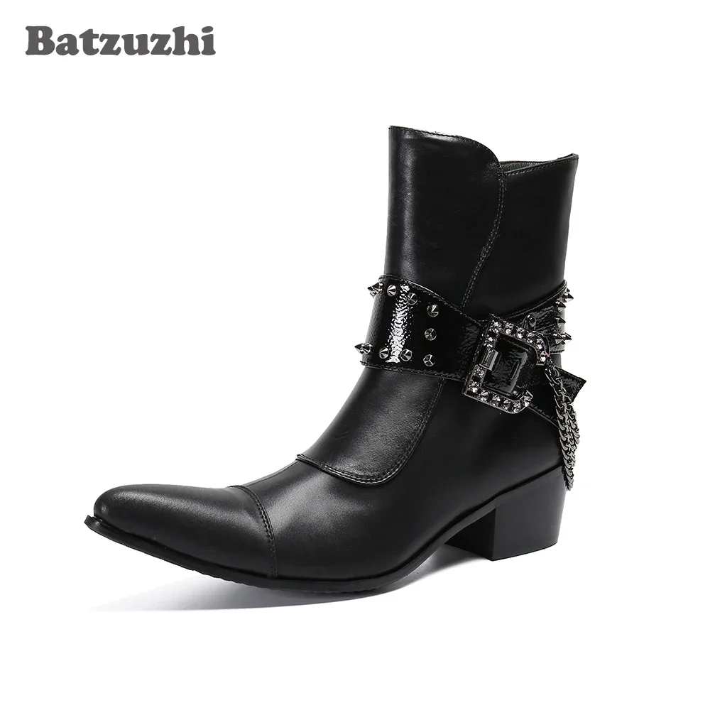 

Ботинки Batzuzhi мужские ковбойские в западном стиле, кожаные полусапожки с острым носком, мужские мотоциклетные ботинки в стиле панк с цепью и пряжкой, большие размеры, US12