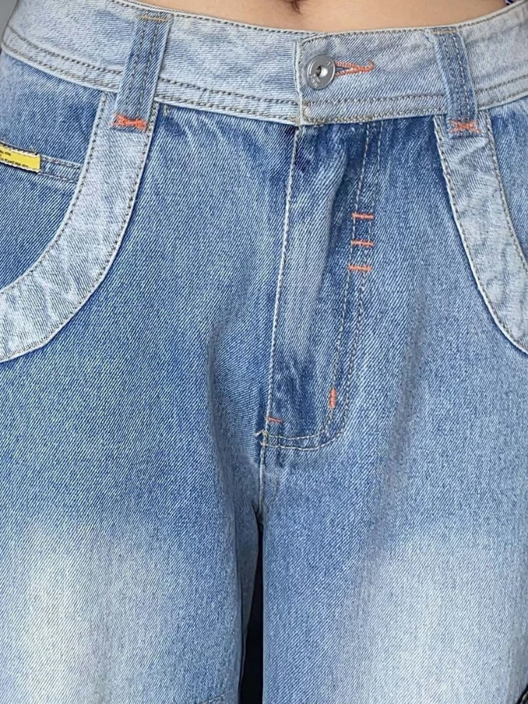ADAgirl Y2k Baggy Cargo Pants Women Streetwear Vintage Patchwork High Waist Blue Jeans Harajuku Casual Pockets Denim Trousers