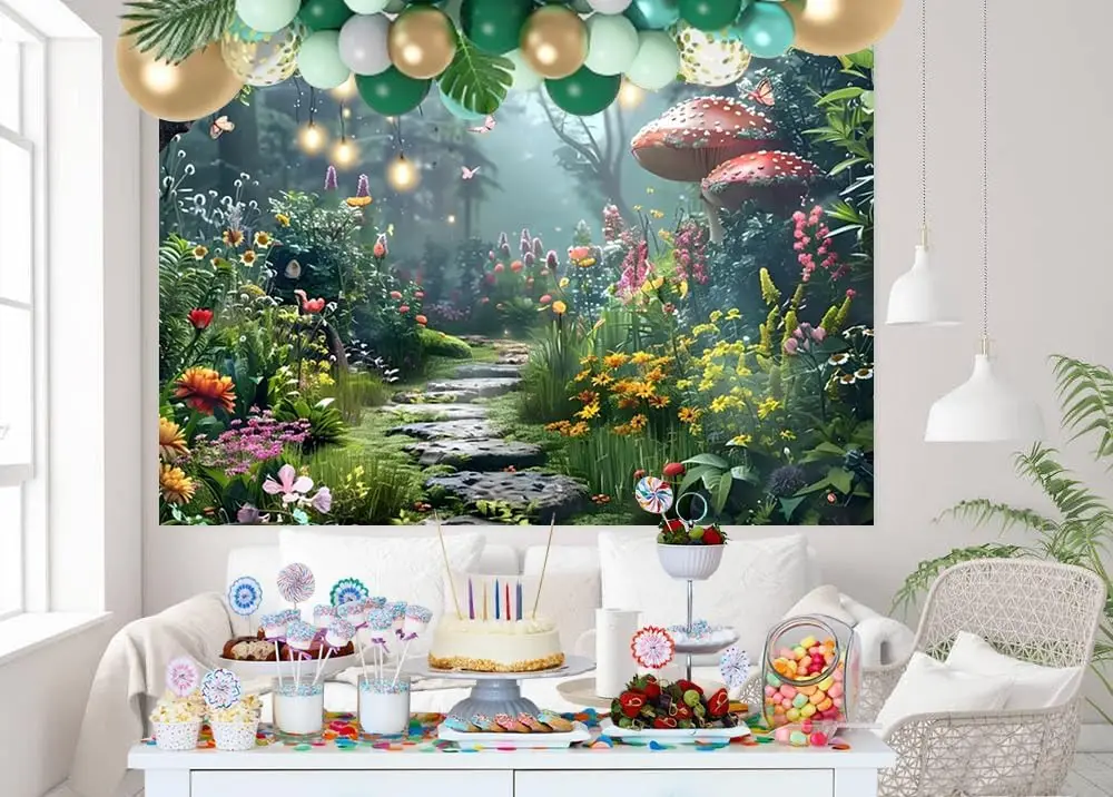 Весенний фон с зачарованным лесом сказка страна чудес цветы гриб для фотосъемки