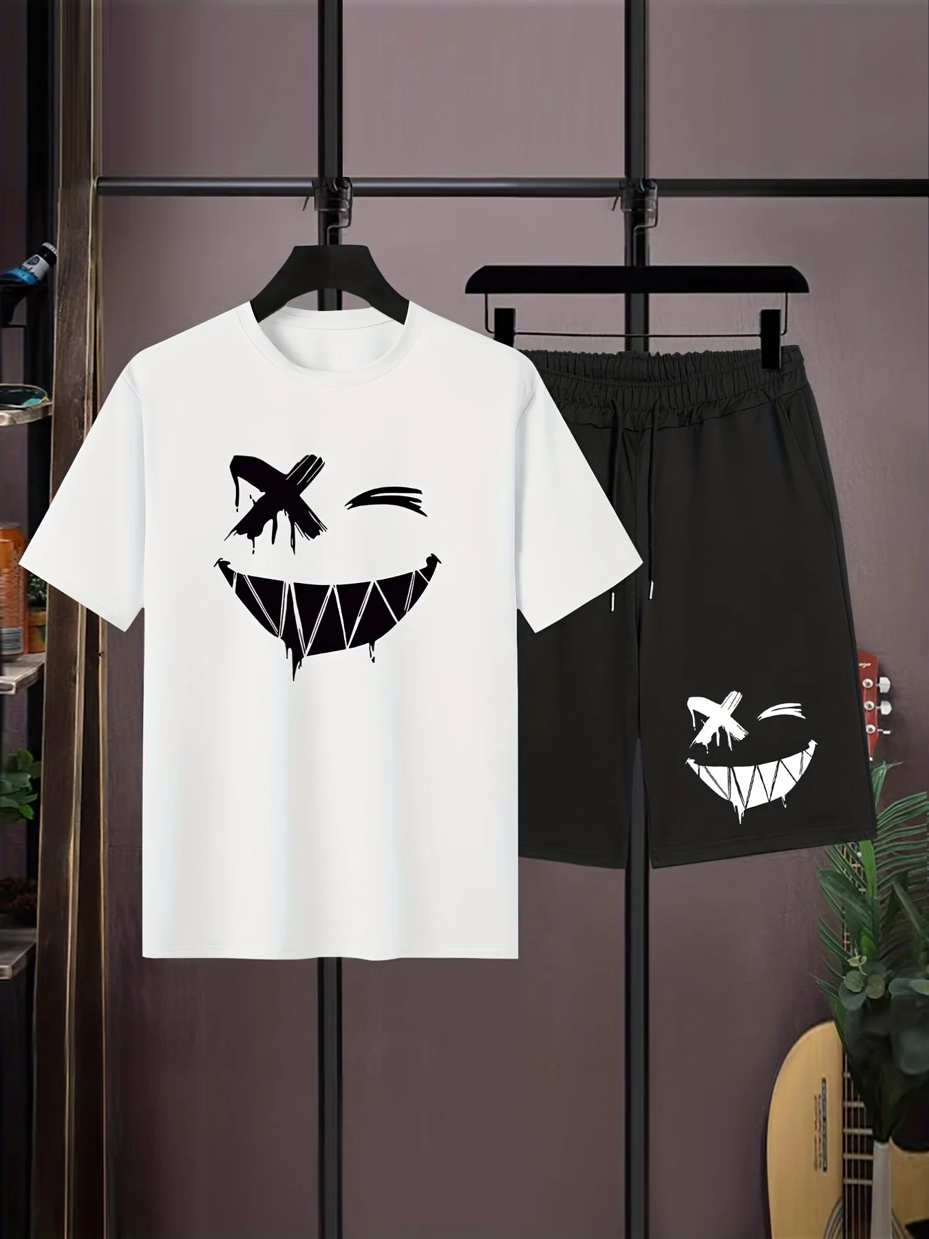 

Men's Quirky Bear Ans Foreverletters Print Graphic T-shirt Shorts Set For Summer, Trendy Comfy 2PCS Outfits, Plus Size