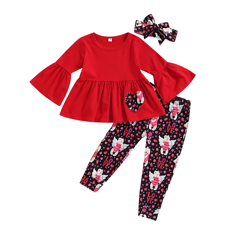

Girl's Three-Piece Suit, Flared Long Sleeve Round Neck Tops + Heart Bear Print Pants + Headband