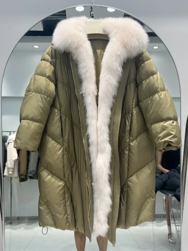 

2023 New Fashion Winter Women White Goose Down Jacket Loose Long Luxury Parka Female Warm Puffer Coat Real Fox Fur Collar