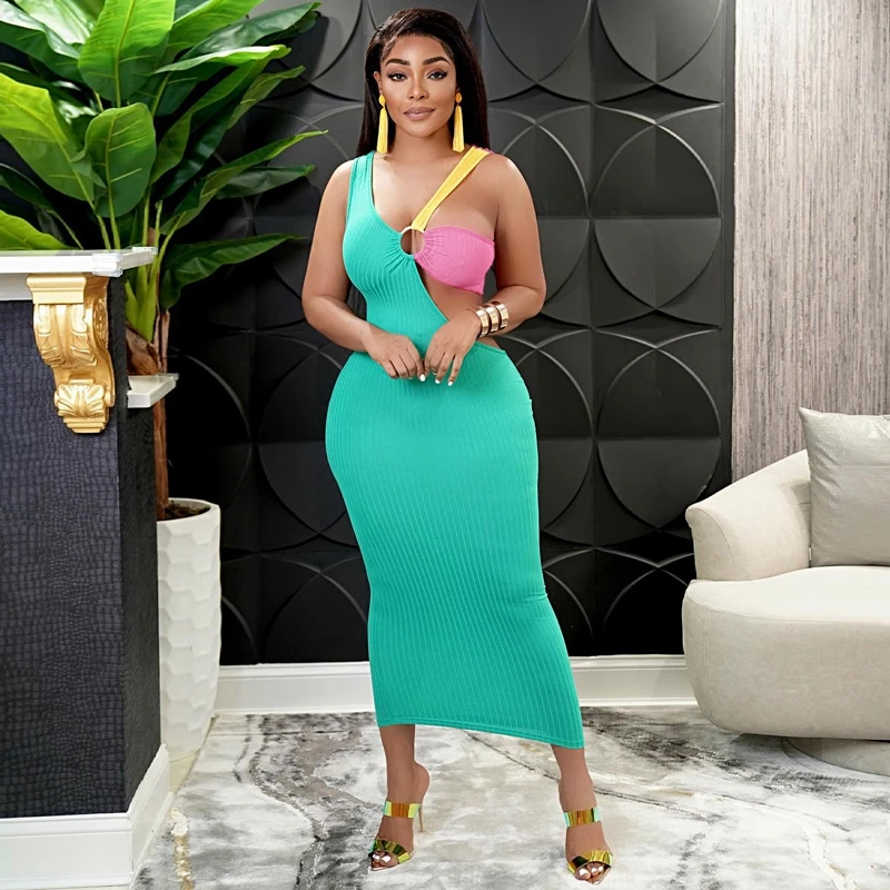 

Sleeveless Ribbed Summer Dress Women Clubwear Y2k Color Patchwork Bodycon Dresses for Women 2022 Hollow Out Sexy Long Midi Dress