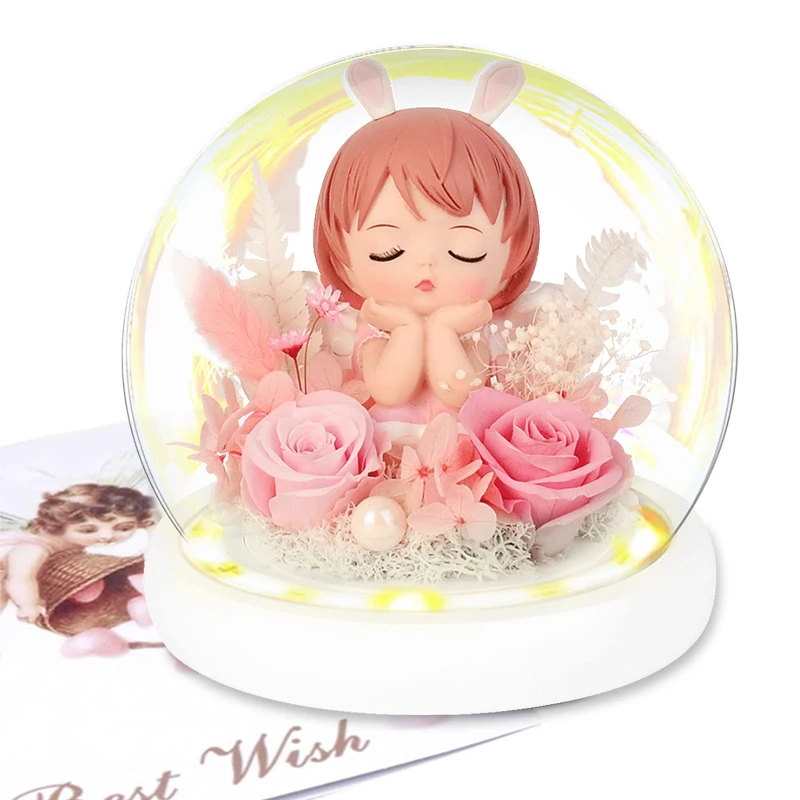 

2023 New Doll Eternal Life Rose Flower Glass Cover Send Girlfriend Wife Birthday Anniversary Valentine's Day Gift Bedroom Decor