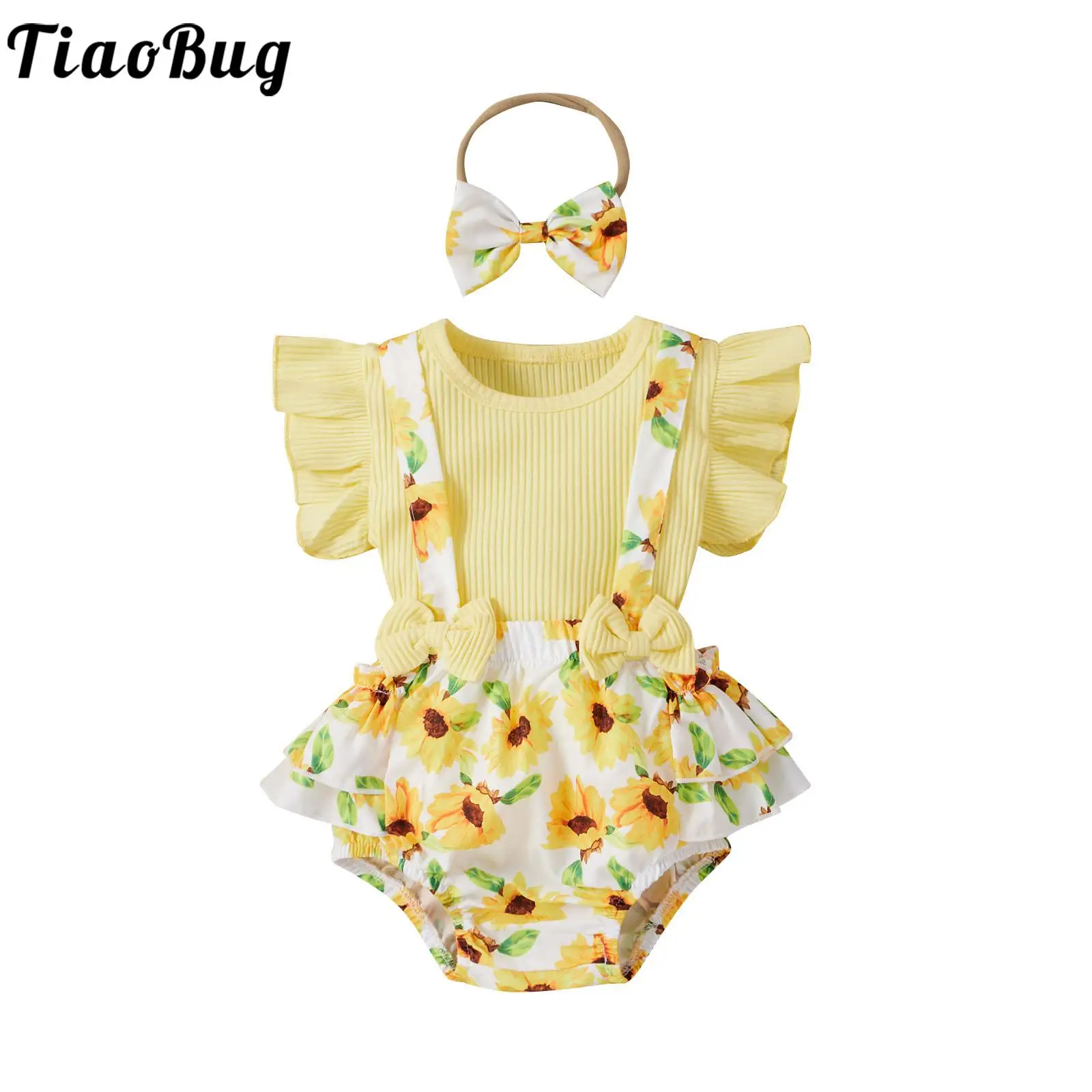 

Baby Girls Summer Set Flying Sleeve Knitting Top with Suspender Straps Crisscross Bowknot Back Briefs And Headband 3pcs Lot