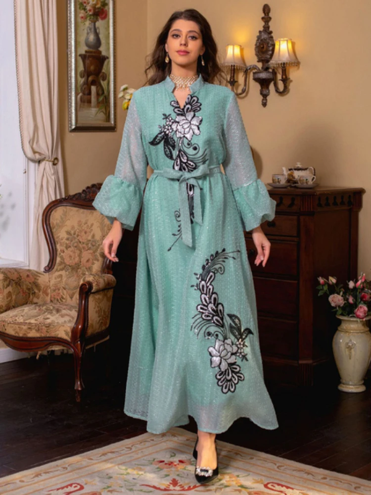 Elegant Women's Dresses for Party 2023 Fashion Muslim Mesh Sequin Embroider Evening Dress Dubai Moroccan Caftan Petal Sleeve Eid
