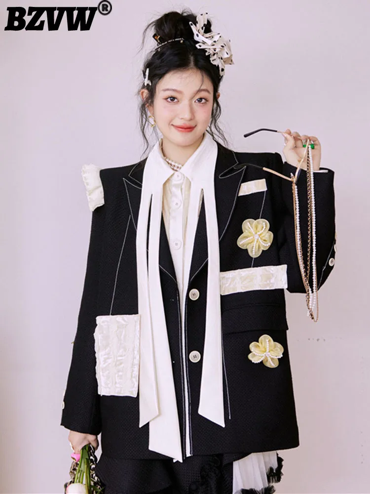 

BZVW Spliced Contrast Color Ruffles 3D Floral Blazers Women Coat 2023 Spring Autumn New Fashion Niche Novelty Suit Jacket Female
