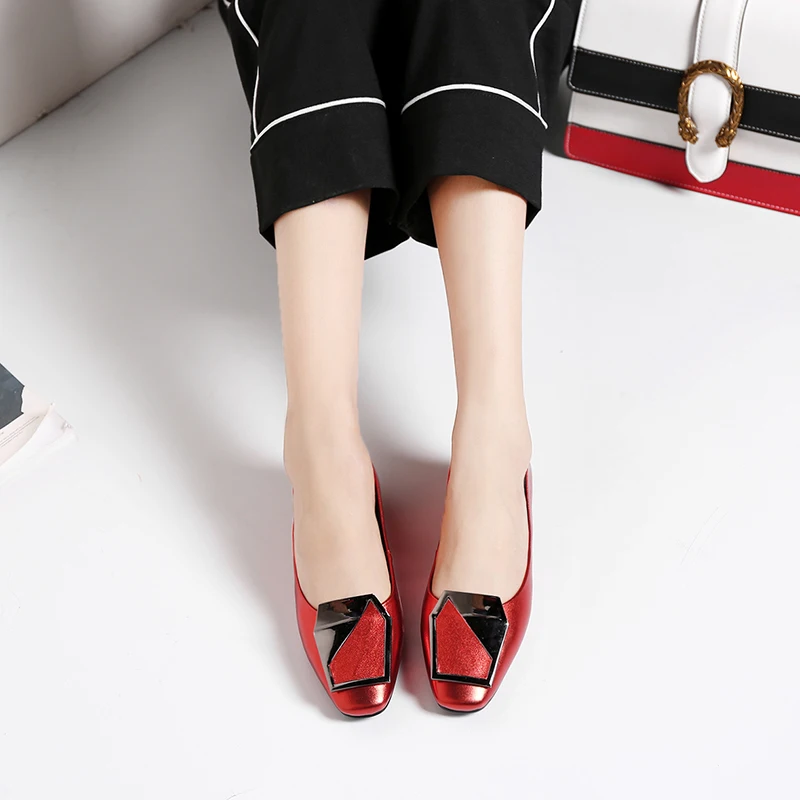 32-43 large blue round head cow leather women's shoes with metal decoration low heel thick heel women's shoes