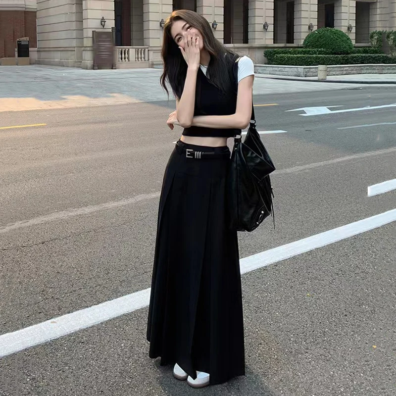 Черная плиссированная юбка с высокой талией Осенний корейский элегантный