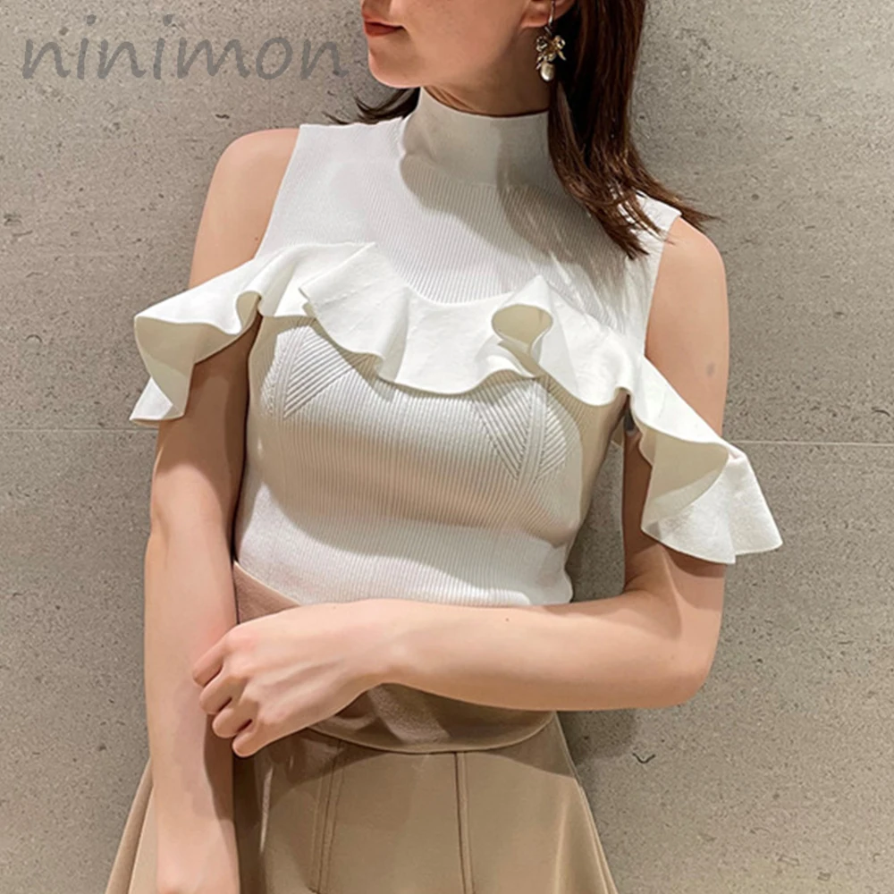 

NINIMON Summer Ruffles Patchwork Off-the-shoulder Knitted Sweater Sweet Elegant Commuter Tops Slim Bottoming Shirt Top Solid