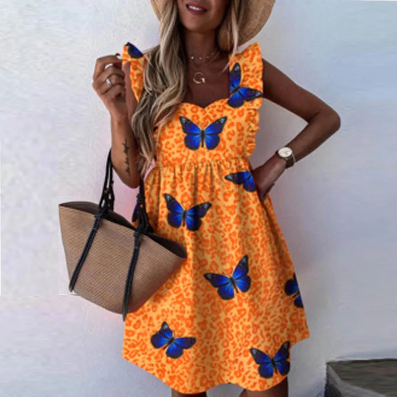 Купи Polka Dot Women Dress Casual Short Ruffled Sleeve A-Line 2021 Summer Sundress Sexy V-Neck Ruffle Beach Party Dresses Vestidos за 643 рублей в магазине AliExpress