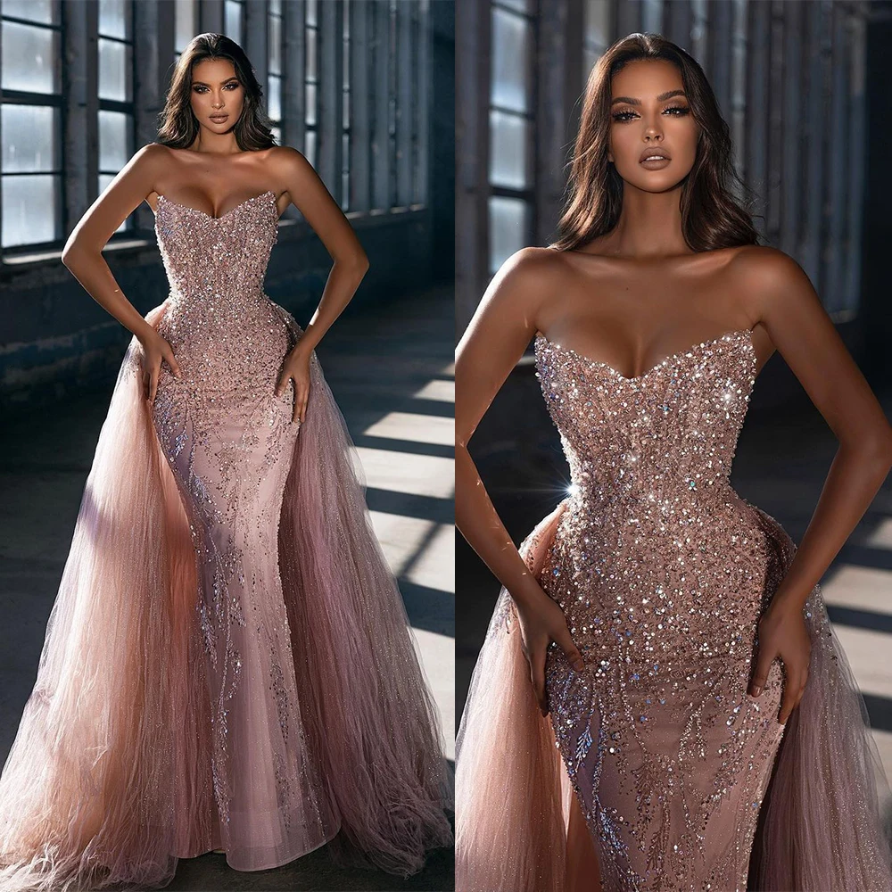 Sparking Pink Evening Dresses Off Shoulder Sequins Sleeveless Prom Gowns Custom Made With Tulle Overskirts  Party Dresses