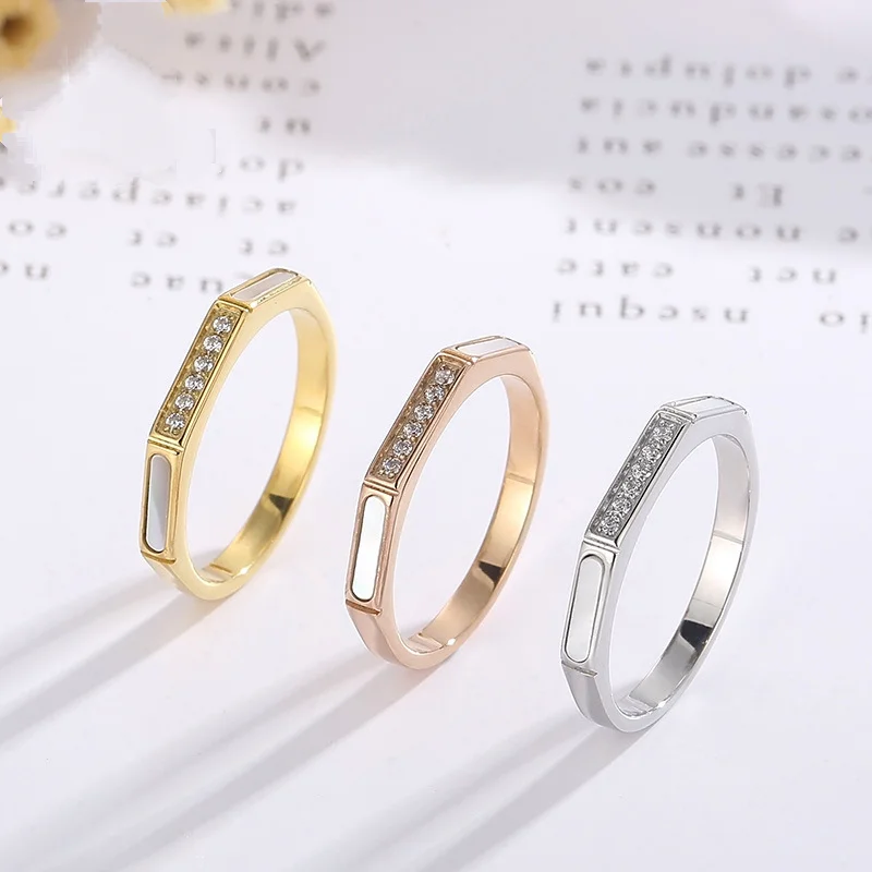 

Japanese and Korean Fashion Octagonal Everything Micro Inlaid Shell Inlaid Zircon Ring Stainless Steel Finger Ring for Women
