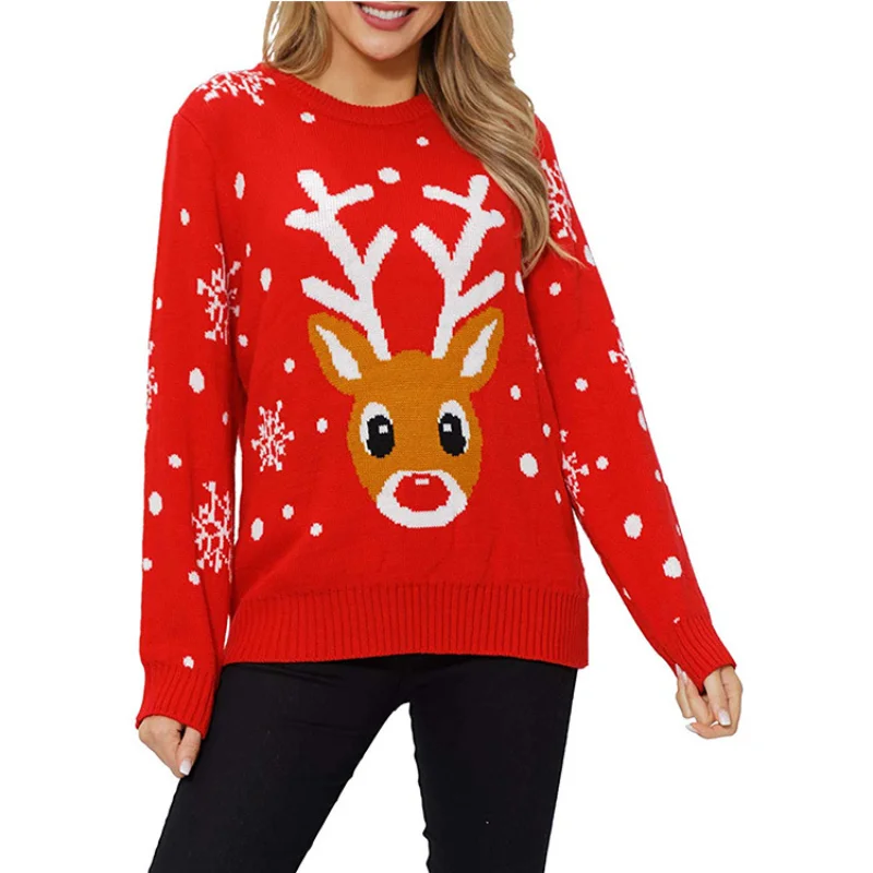 

Autumn and Winter Women's Christmas Sweater Warm Long Sleeves Fur Collar Sweater Reindeer Print Pullover Sweater Cartoon