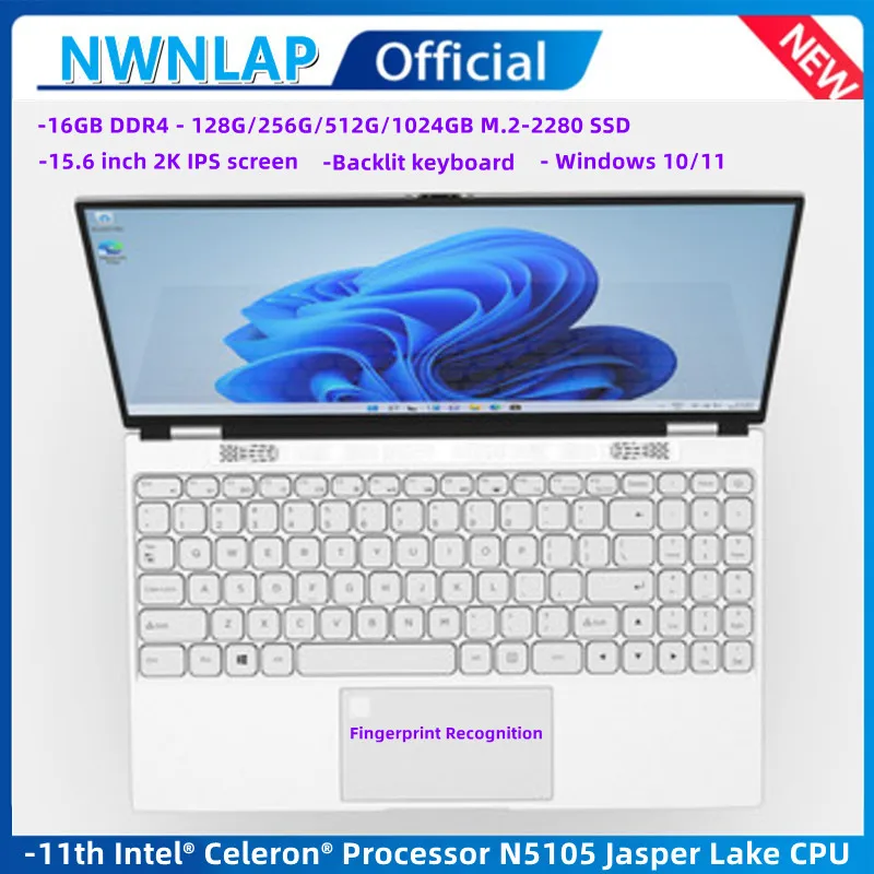 Fingerprint ID 15.6 inch IPS Intel N5105 Windows 10 11 Ram 16GB Rom 128G-1TB SSD Computer Wifi Bluetooth Gaming Laptop HDMI Port