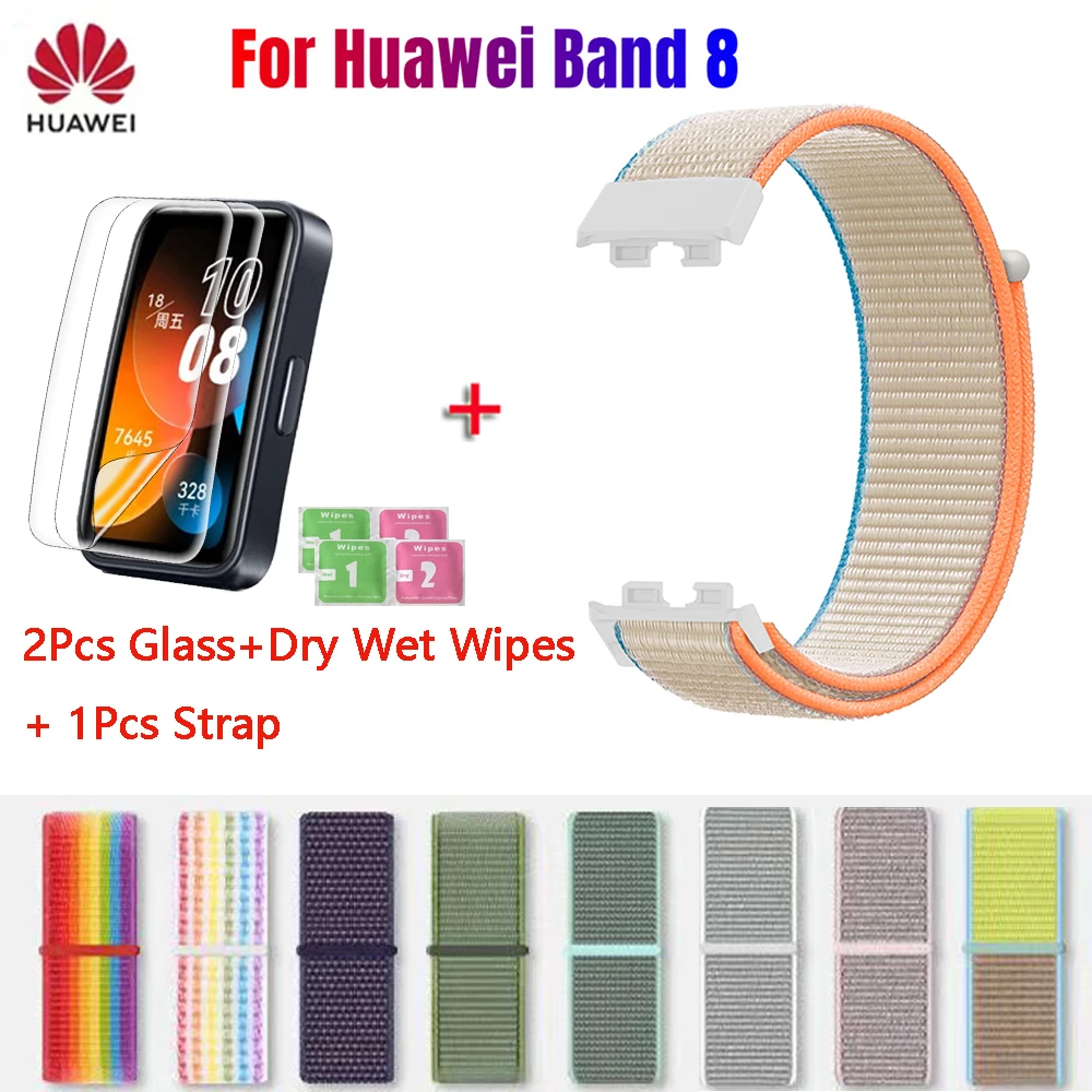 Glass+Strap For Huawei Band 8 Nylon Loop Strap With 3D Curved Screen Protector Cover For Huawei Band 8 Film Protective Glass