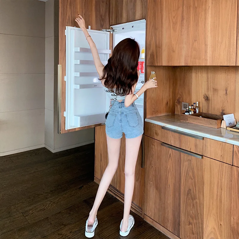 Summer New High-waisted Jeans Fashion Cuffed Light-colored All-match Shorts Slim Fit Solid Color Denim Shorts for Women 2023