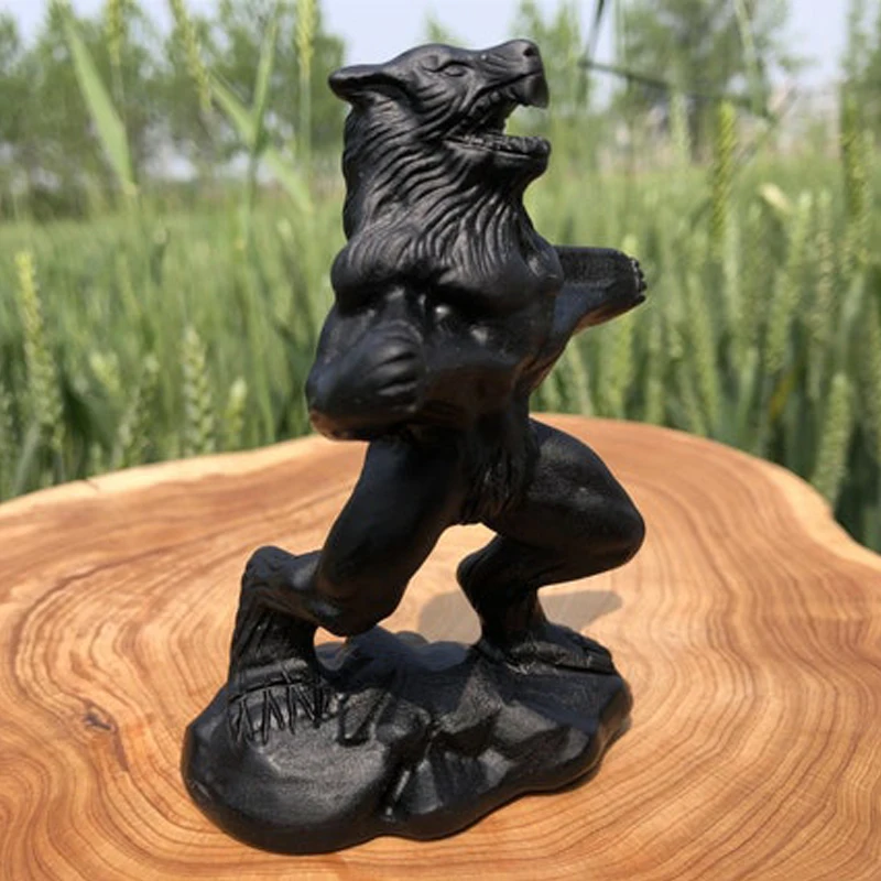 Натуральный черный обсидиан скульптура Werewolf искусство ручной резки
