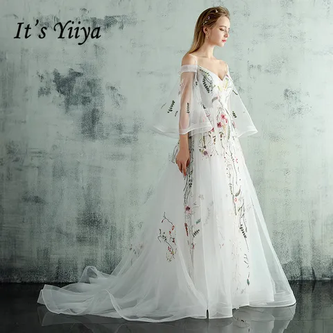 It's Yiiya Evening Dresses White Boat Neck Flare Sleeves Party Dresses Elegant Appliques Luxury Train Robe de soiree LX232