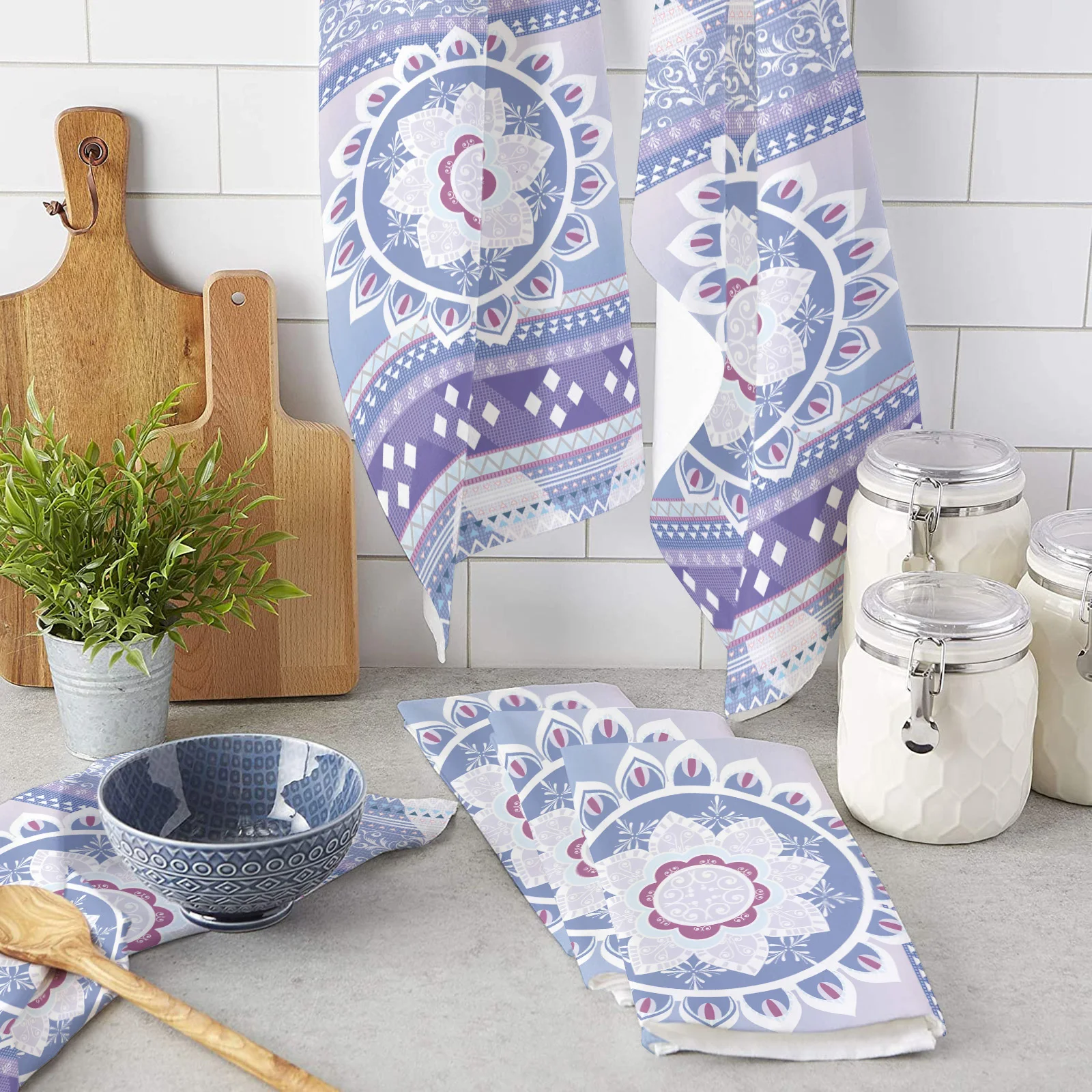 

Purple Mandala Boho Romantic Kitchen Towel Cleaning Cloth Microfiber Soft Household Super Absorbent Dish Washing Cloth