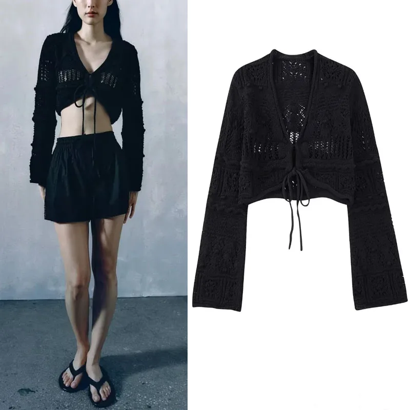 

TRAF Knit Cropped Fashion Woman Black Blouse 2023 Textured Long Sleeve Stylish Women'S Blouses V-Neck Front Tie Closure Jacket