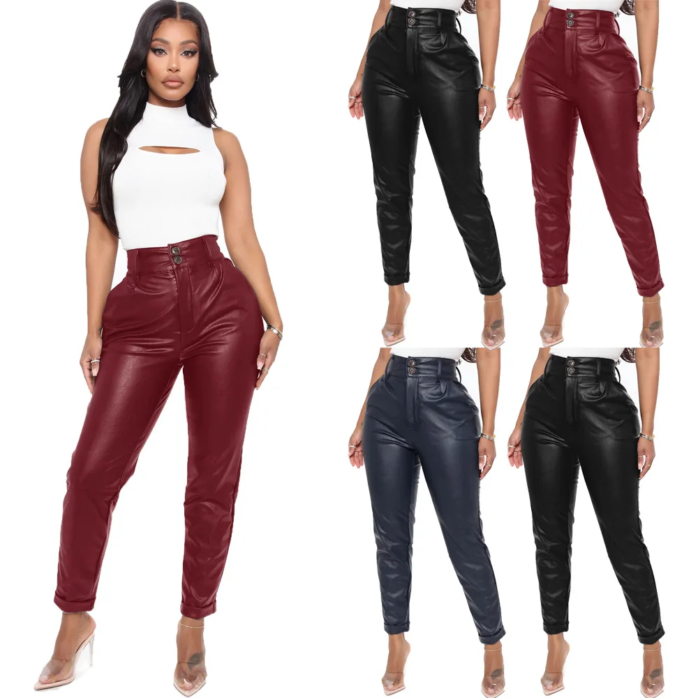 

European American Women's Clothing Autumn and Winter Personalized Fashion Faux Leather Button High Waist Tights Pencil Pants