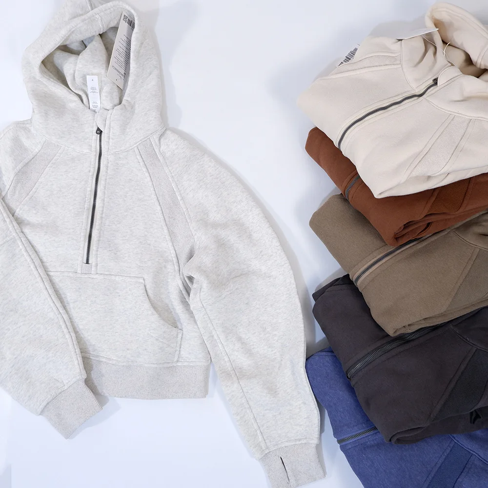 Oversized Lulu Scuba Half-Zip Hoodie Waist Length Jackets Sweatshirts Soft Thumbholes Leisure Yoga Coat