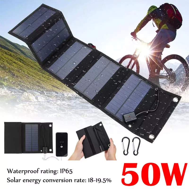 

2023New Foldable Solar Panel 50W Portable Waterproof Solar Cell Charger for USB Portable Fan Phones Power Bank Camping Cycling F