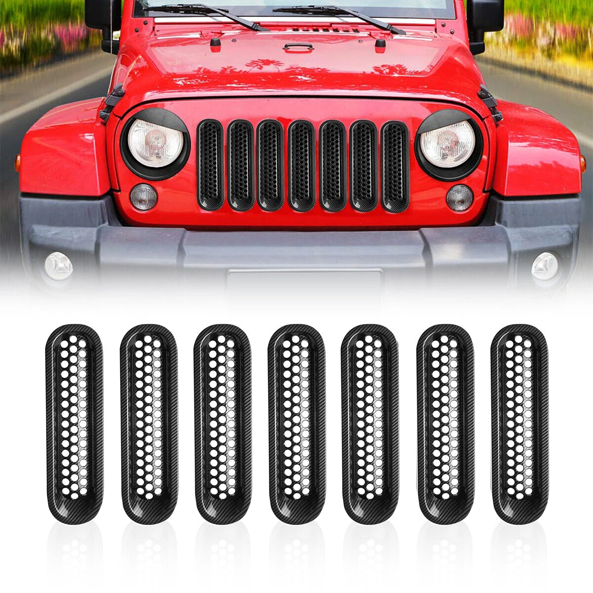 

Mesh Front Racing Grills Insert Grille Cover Trim With Buckle for Jeep Wrangler JK 2007-2017 ABS 7Pcs Car Exterior Accessories