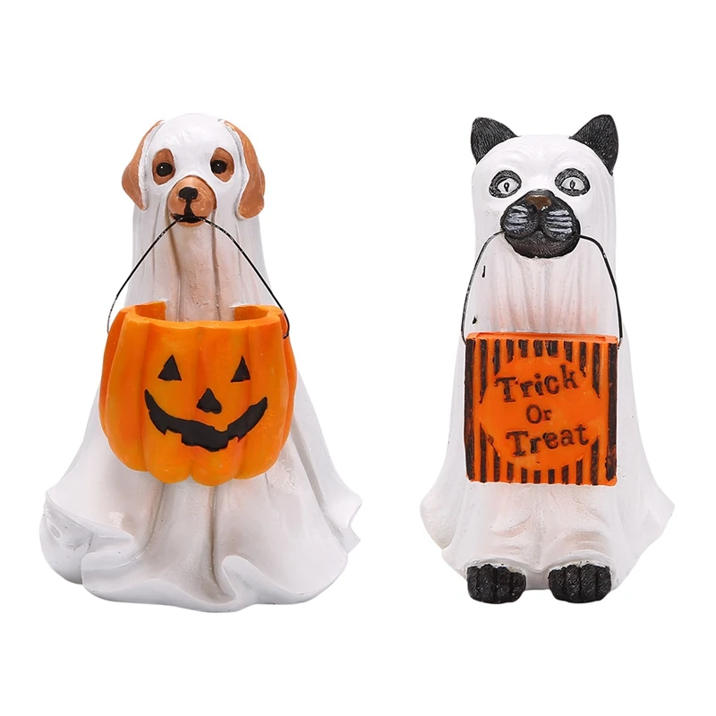 

PPYY-Ghost Dog Candy Bowl Halloween Trick or Treat Ghost Dog and Cat Candy Pumpkin Bowl Statue Halloween Pumpkin Snack Bowl