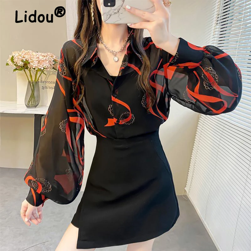 

2022 Fashion Korean Lantern Sleeve Chiffon Shirt Women's Printed Long Sleeve Shirt Loose Blouse Turn Down Collar Casual Blouse