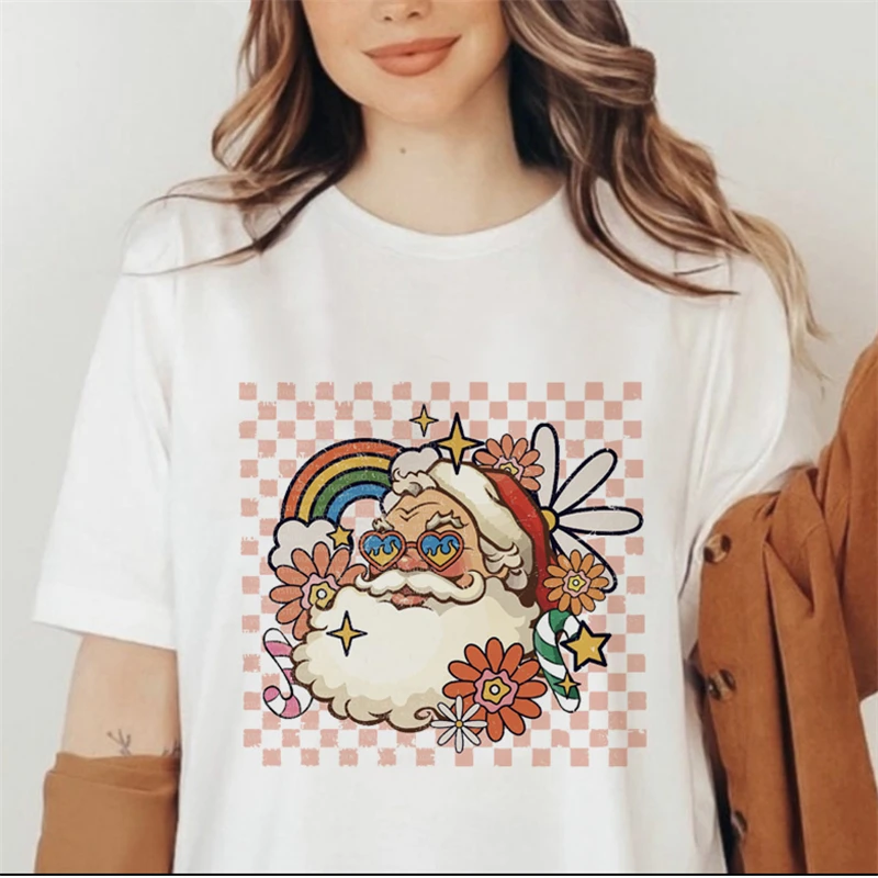 

Casual New Women's Vintage Cartoon Festival Merry Christmas Print T-shirt New Year T-shirt Fashion Beautiful Top Cartoon Pattern