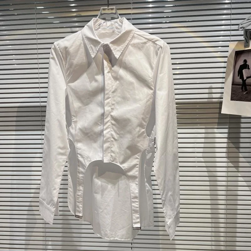 

Waist Strap White Long Sleeve Front Shirt Spring Women Blouse