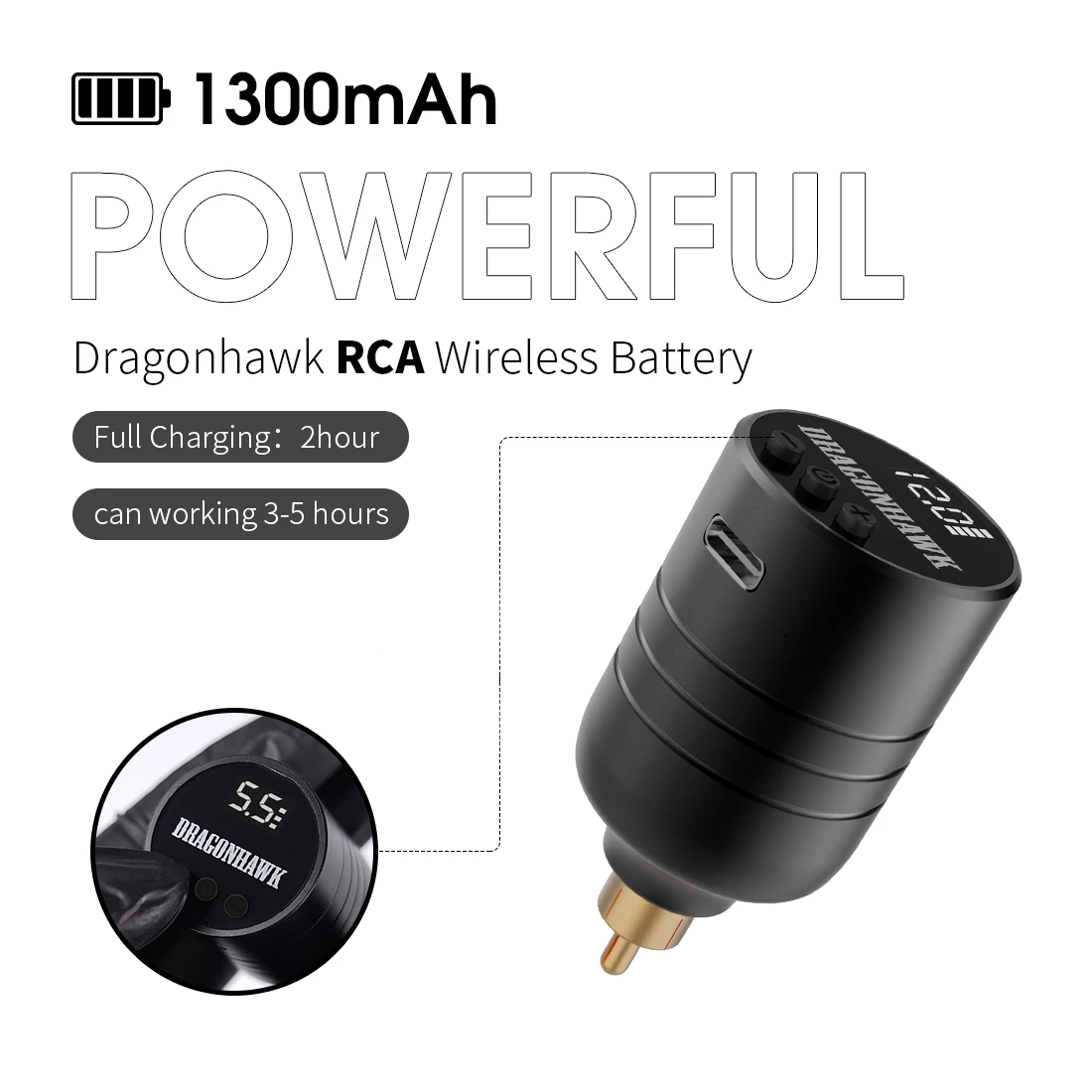 

Dragonhawk Type-C Fast Charge Wireless Battery Rechargeable Power Supply For RCA Interface Rotary Tattoo Machine
