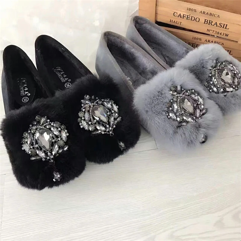 Women Fur Brand Snow Loafers Plush Female Shoes Warm Crystal Flexible Peas Oxfords Ballet Flats